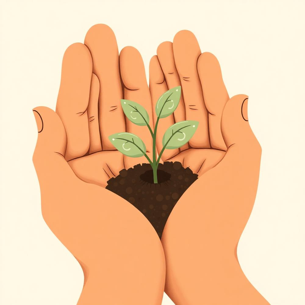 Ilustração de mãos acolhendo uma pequena planta, símbolo de cuidado e desenvolvimento